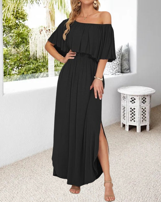 Jurk Off-Shoulder Ruffle Split