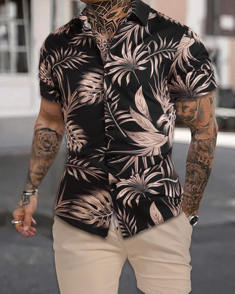 Sets Knoopsgat Palm Blad Print Korte Mouw