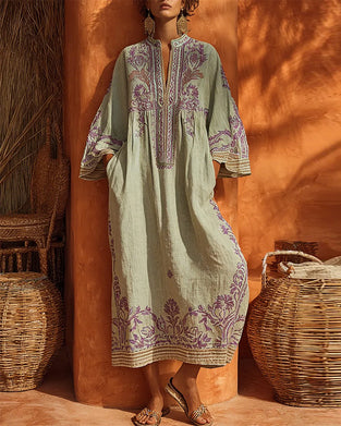 Jurk V-Hals Etnische Print Loose Fit