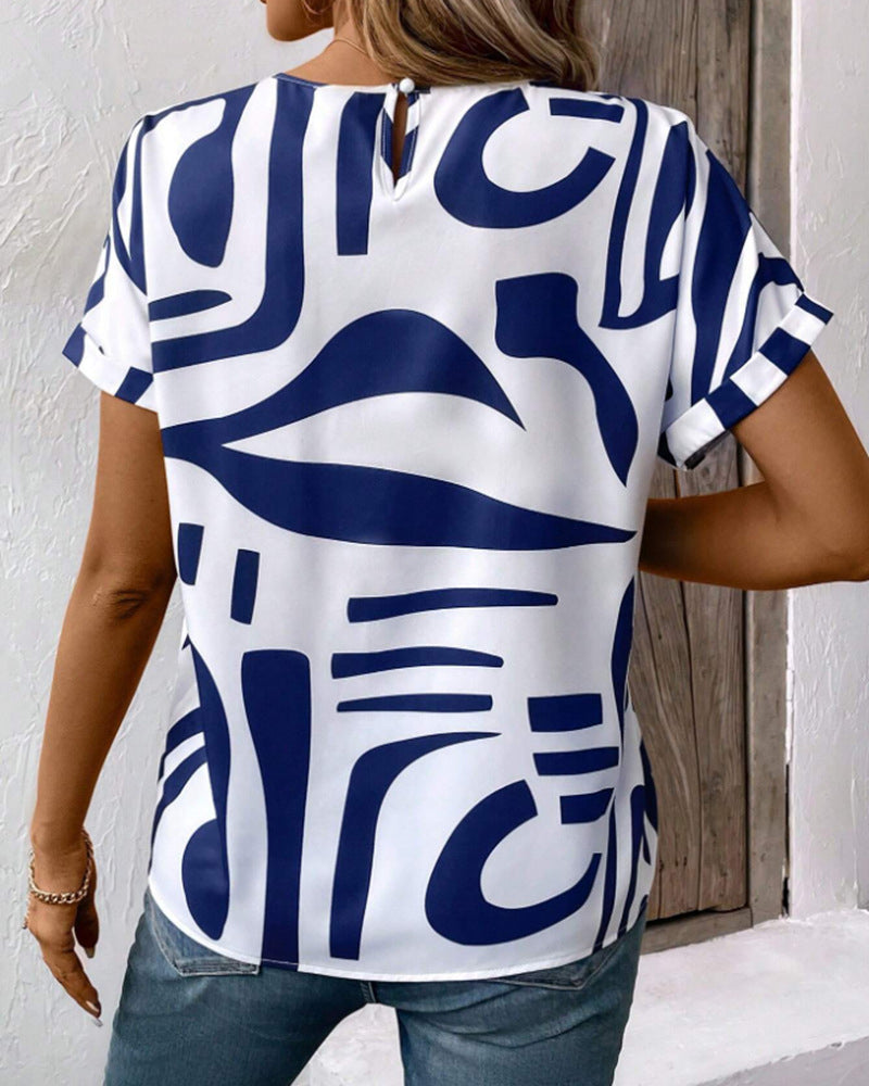 T-Shirt Ronde Hals Korte Mouw Geometrische Print