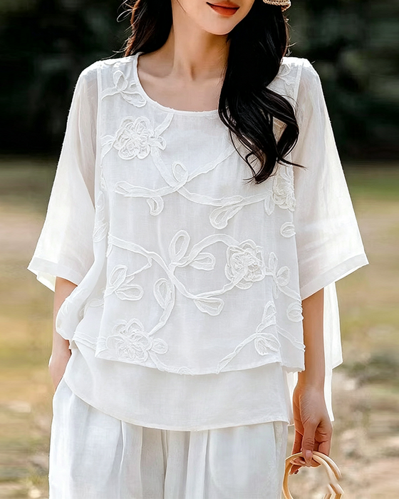 Blouse Effen Kleur Ronde Hals