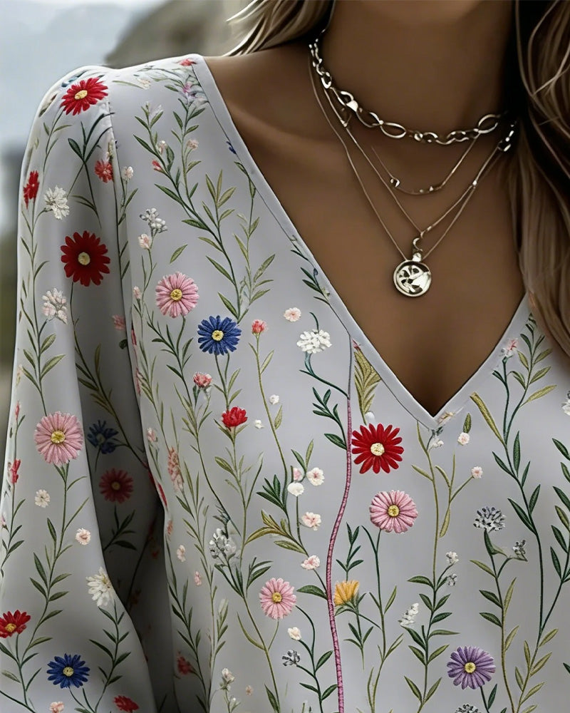 Blouse Bloemenprint Ballonmouw V-Hals