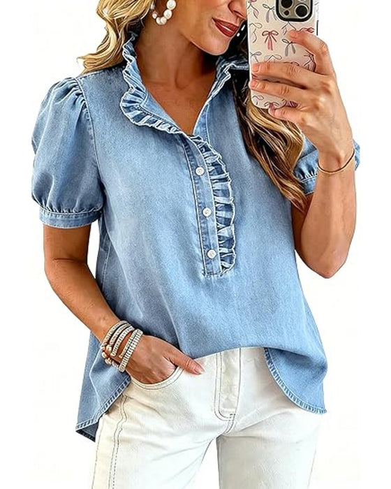 Blouse Dichtknopen Ruffle Denim