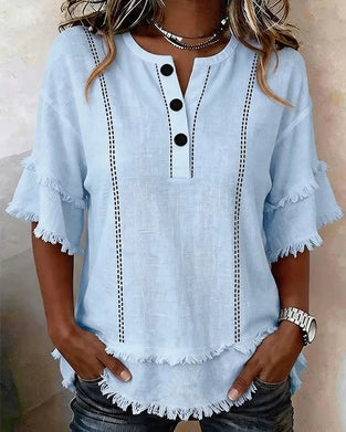 Blouse V-Hals Ruffle Laag Half Knoopslits Knoop