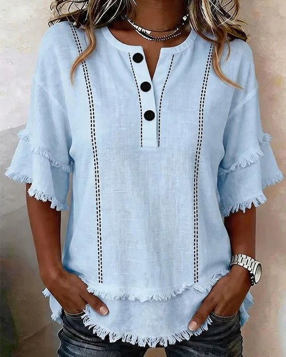 Blouse V-Hals Ruffle Laag Half Knoopslits Knoop