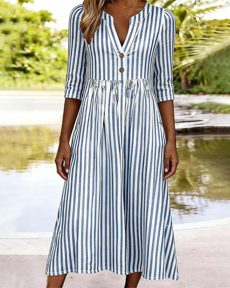 Jurk Blauw Wit Gestreept Driekwart Mouw