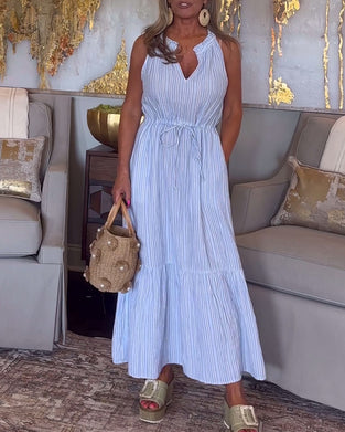 Mouwloze jurk met trekkoord en strepenprint