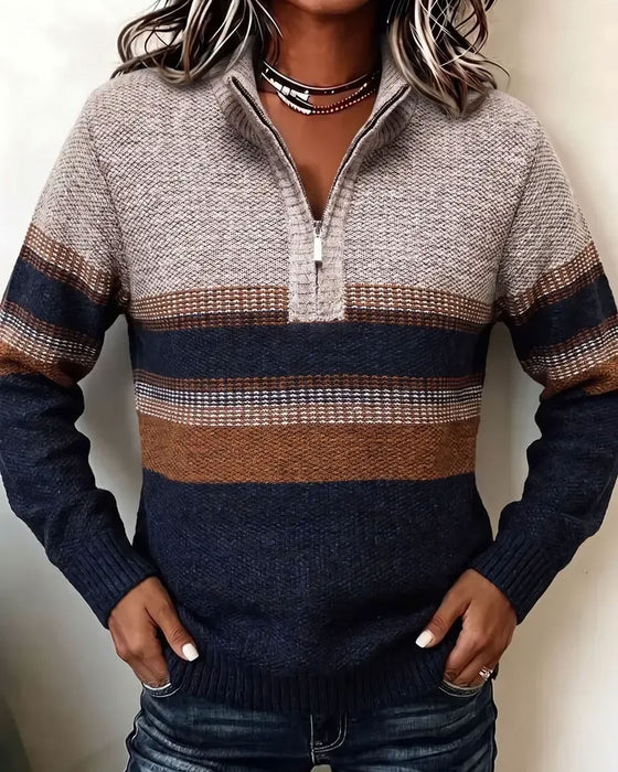 Pullover Revers Rits Gestreept Contrast