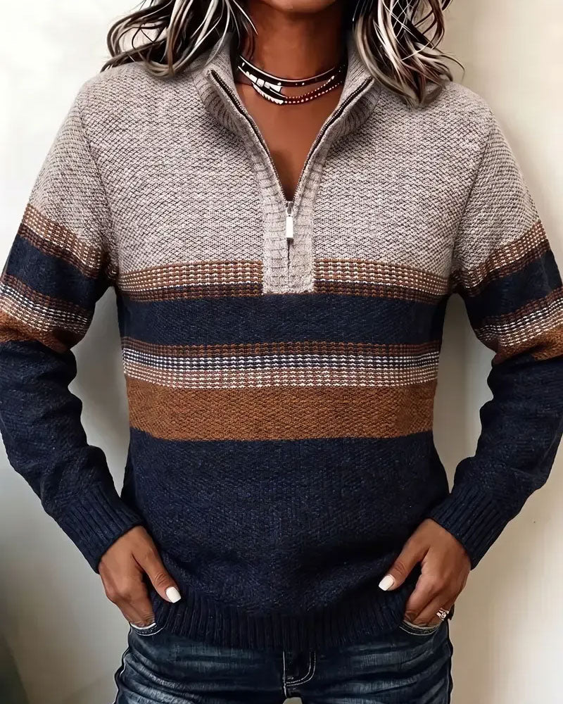 Pullover Revers Rits Gestreept Contrast