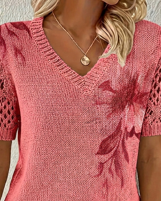 Pullover V-Hals Gebreid Bloemen