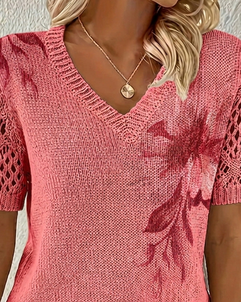 Pullover V-Hals Gebreid Bloemen