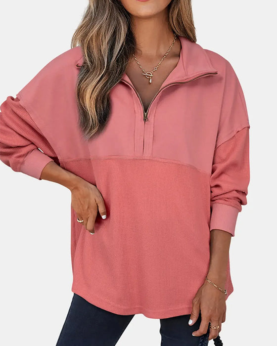 Sweatshirt Halve Rits Wafel Patchwork