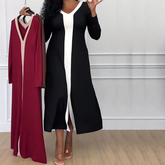 Contrasterende kleur V-hals split elegante jurk