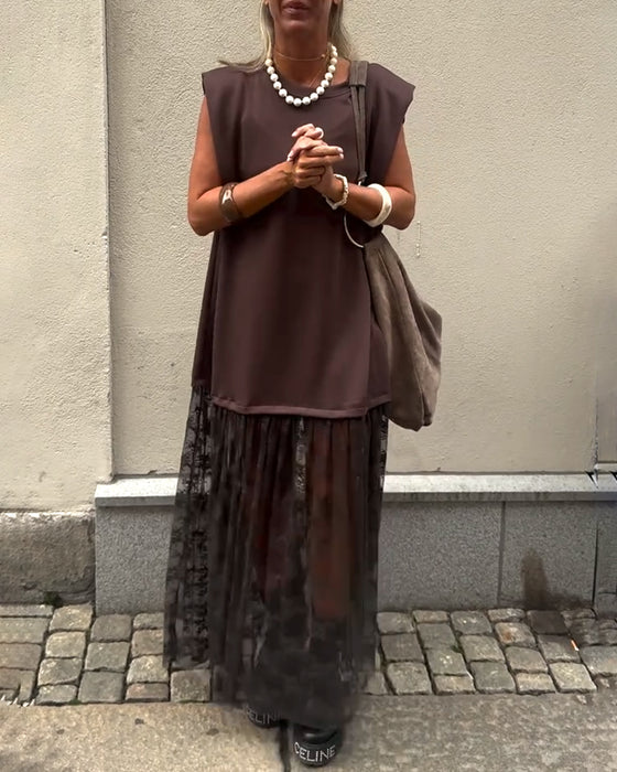 Mouwlose Mesh Patchwork Jurk