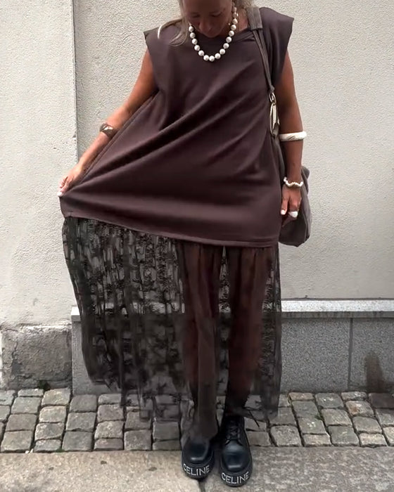 Mouwlose Mesh Patchwork Jurk