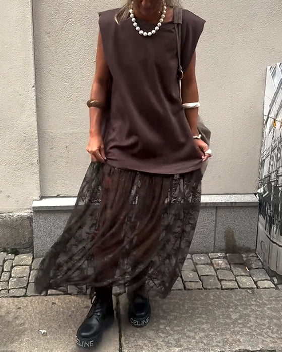 Mouwlose Mesh Patchwork Jurk