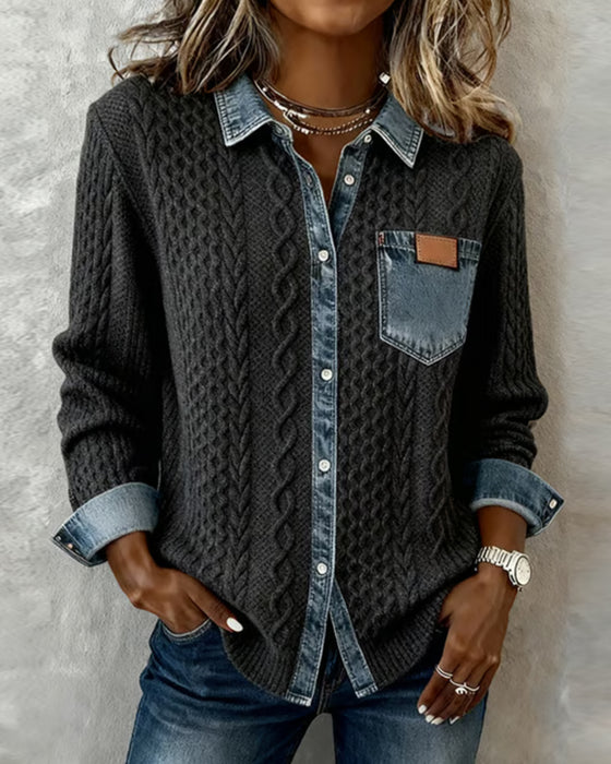 Langmouwige Blouse Met Denim-Patchwork