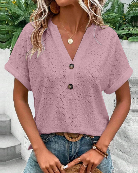 Casual blouse met V-hals in effen kleur met knoop