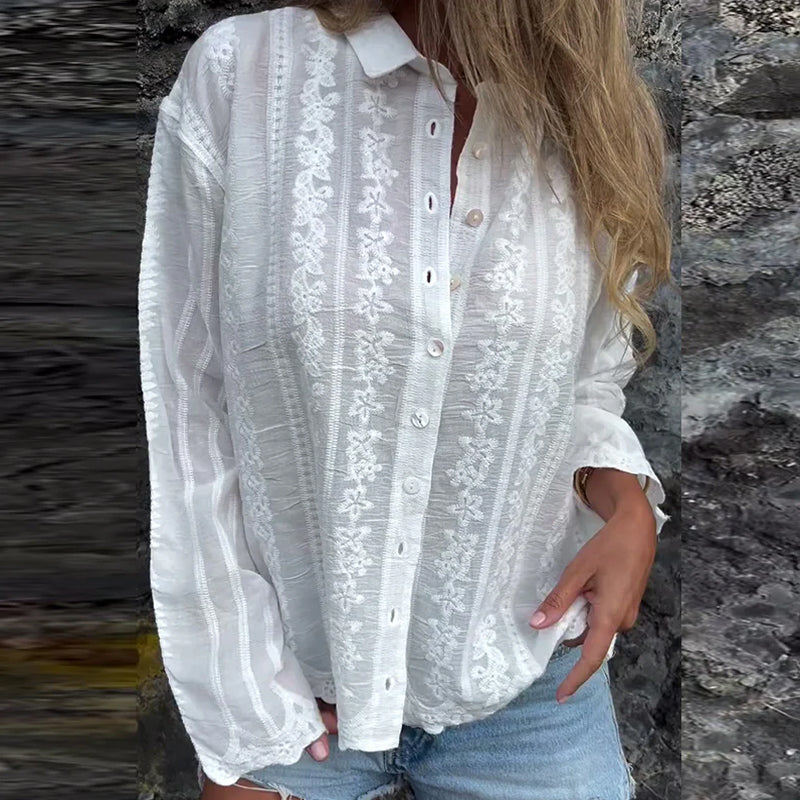 Shirt Geborduurd Uitholling Polo Kraag Casual