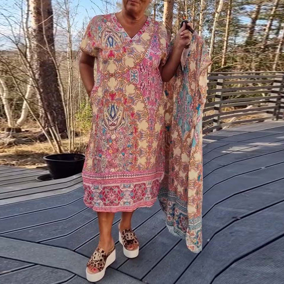 Jurk V-Hals Korte Mouwen Bedrukt Recht