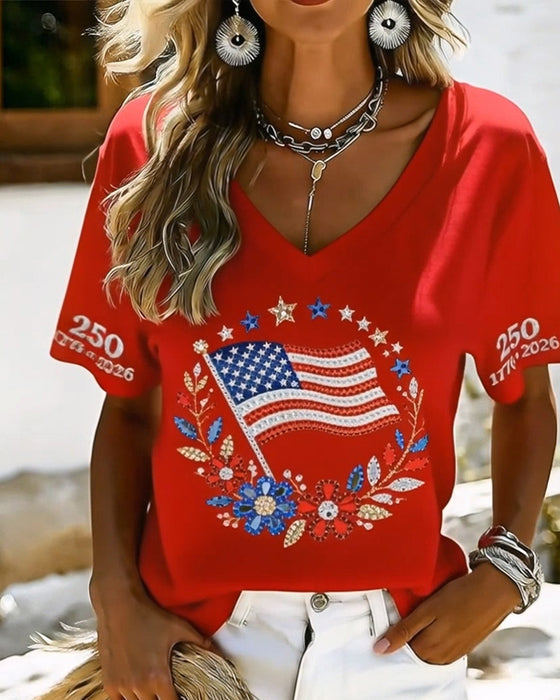 T-Shirt V-Hals Letter Bloemen Korte Mouw