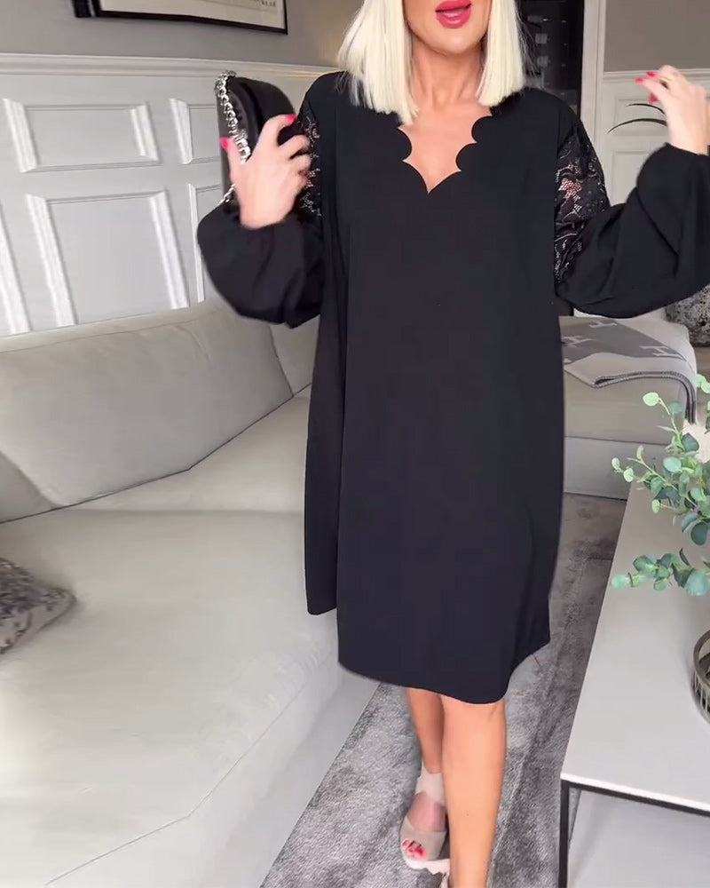 Elegante jurk met V-hals kanten holle en lange mouw