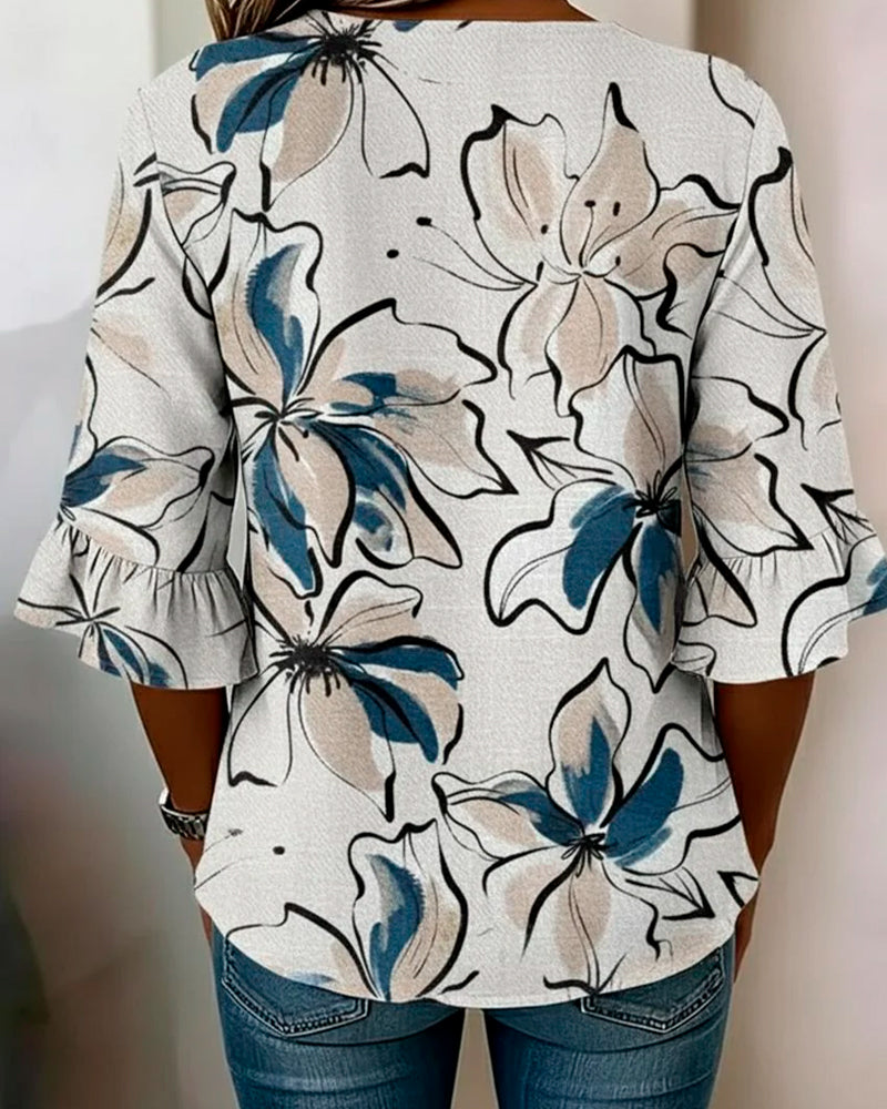 Blouse V-Hals Bloemen Ruche 3/4-Mouw