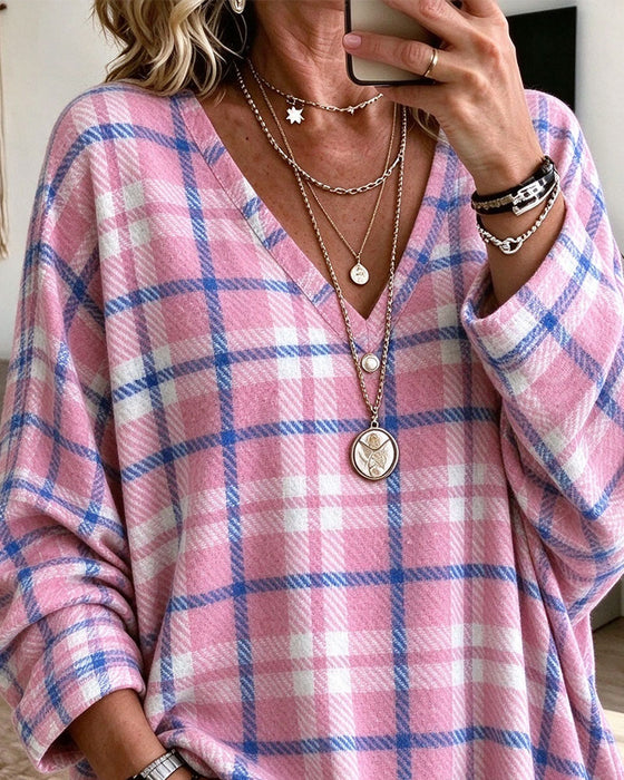 Top V-hals Geruit Contrastrijk Loose