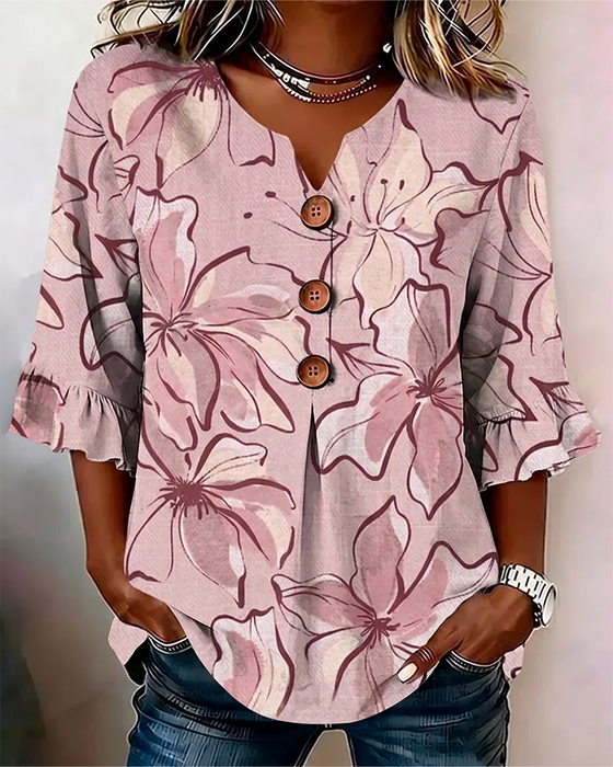 Blouse V-Hals Bloemen Ruche 3/4-Mouw