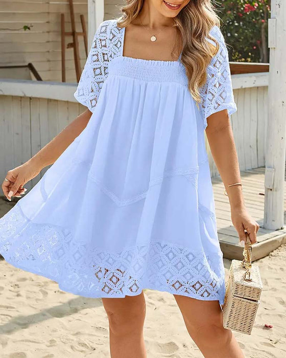 Jurk Vierkante Hals Kant Patchwork Effen