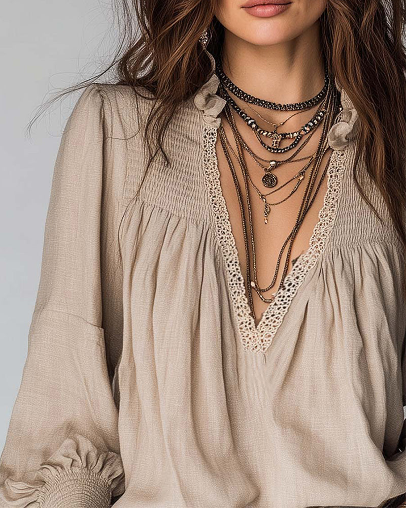 Blouse Diepe V-Hals Pofmouwen