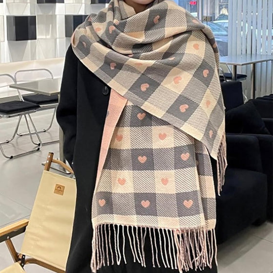 Cozy Heart Plaid Scarf – Zachte Winterwrap Voor Meisjes Of Koppels