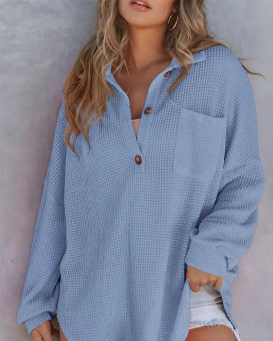 Blouse Effen Knoop-Down Los Kraag