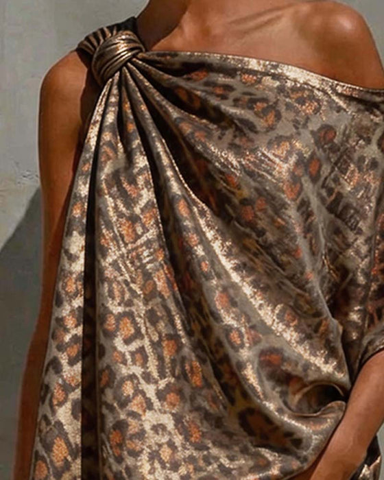 Blouse Goud Folie Luipaard Een-Schouder Twist