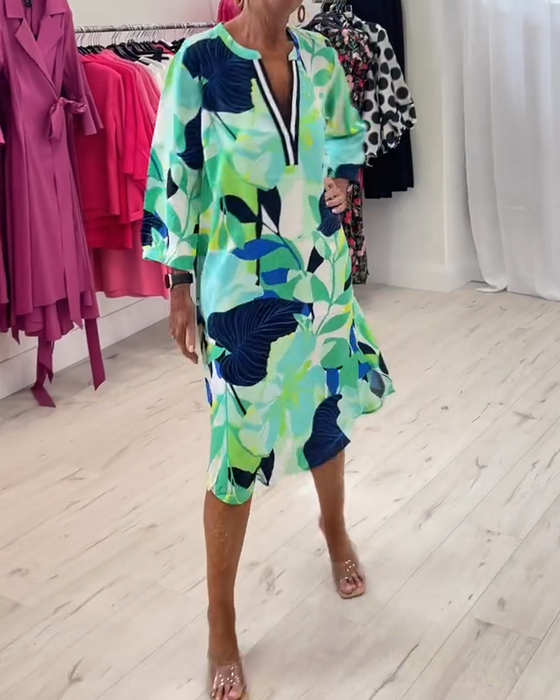 Jurk Staande Kraag Driekwartmouwen Digitale Print