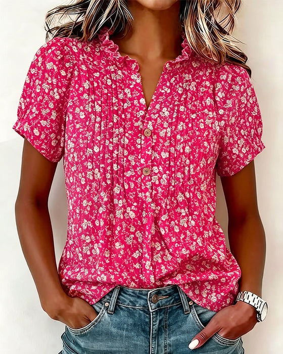 Blouse V-Hals Knoop Bloemenprint