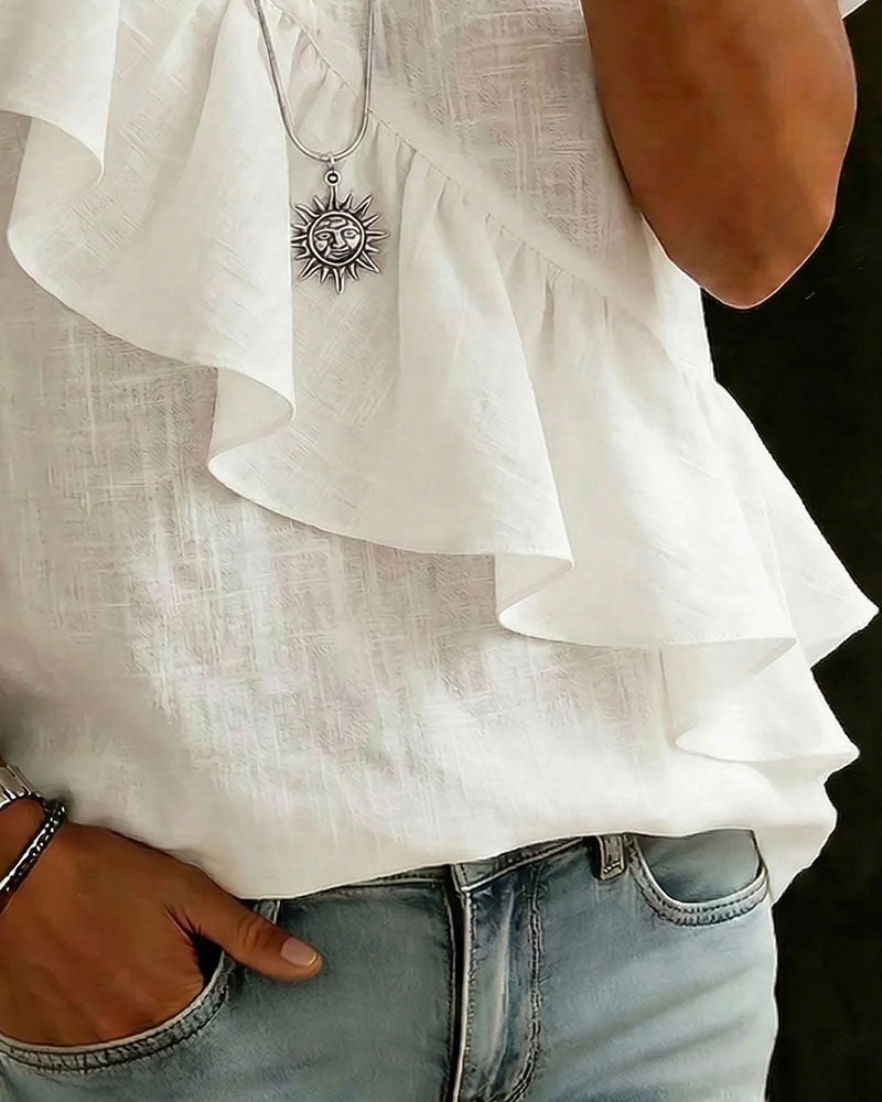 Blouse V-Hals Korte Mouw Ruches