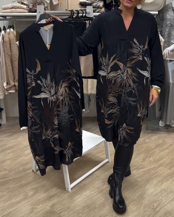 Jurk Met V-Hals En Bladprint Met Lange Mouwen