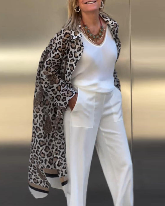 Casual lange jas met revers en luipaardprint