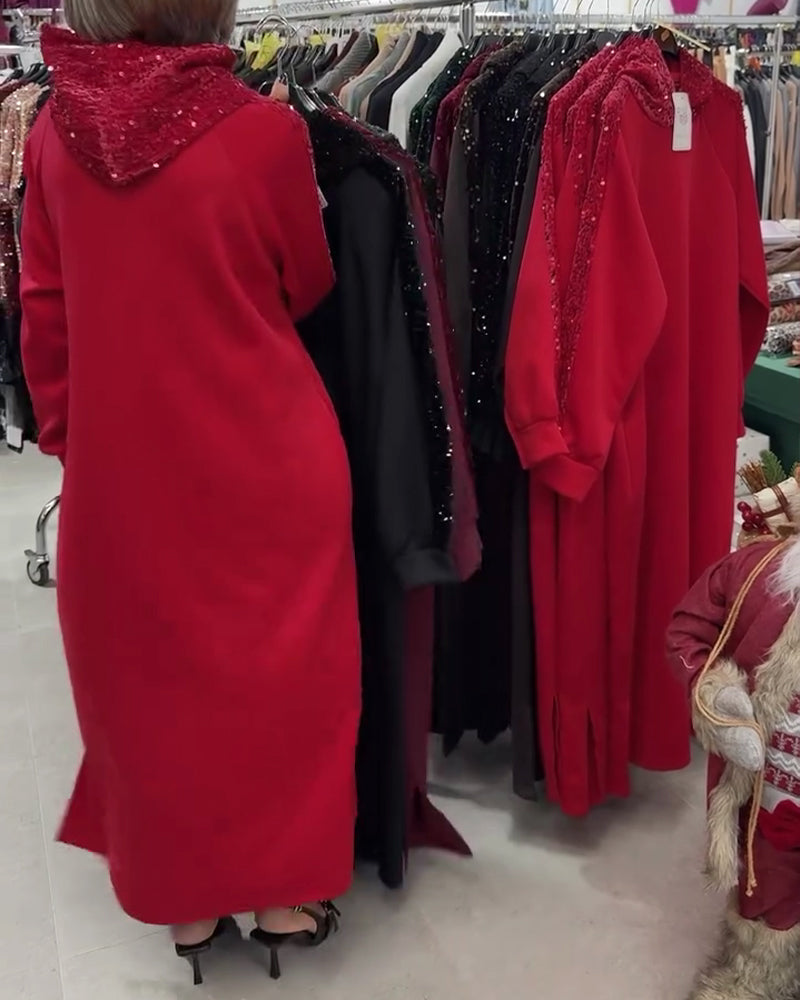 Jurk Met Capuchon Glitter Applicatie Lang