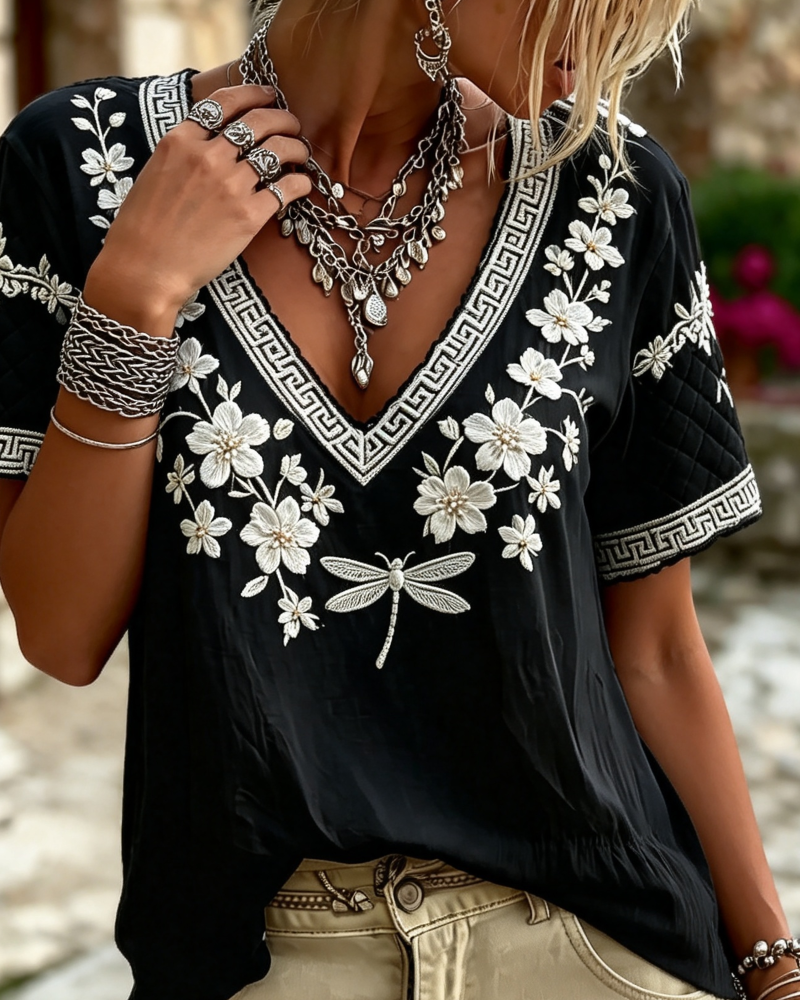 Blouse V-hals Korte Mouw Geprint