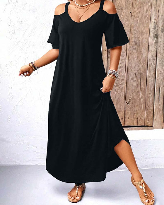 Jurk Effen V-Hals Off-Shoulder Lang