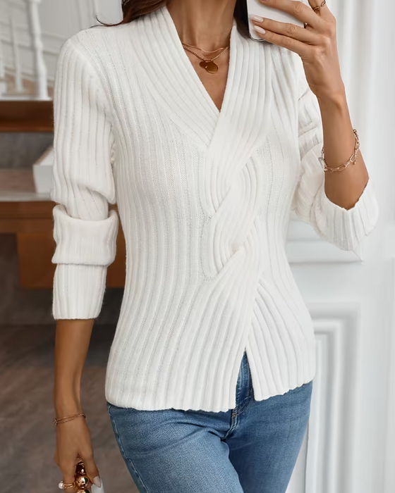 Pullover V-Hals Geribbeld Kruis Lange Mouwen