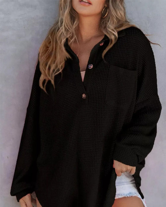 Blouse Effen Knoop-Down Los Kraag