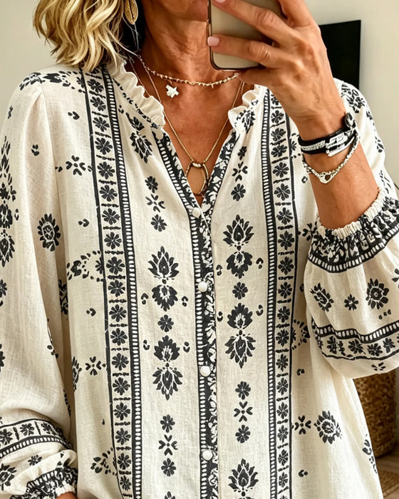 Blouse V-Hals Kant-Afzetting Puff-Mouw Print