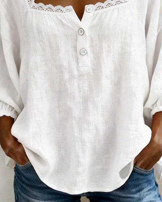Blouse Met Vierkante Hals Kant Pofmouwen