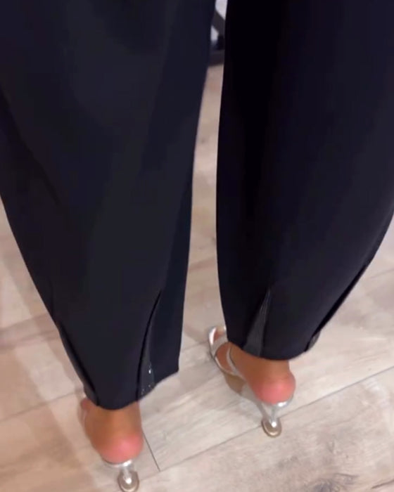 Casual effen kleur broek met trekkoord en pailletten patchwork