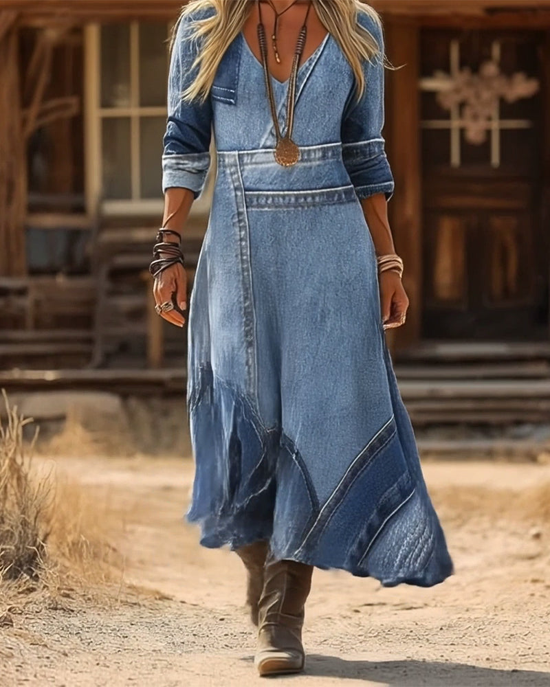 Jurk retro v-hals lange mouwen bedrukt