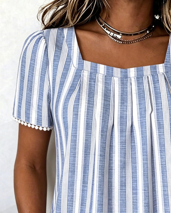 Blouse Gestreept Vierkante Hals Korte Mouw