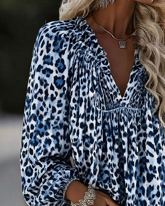 Blouse V-Hals Luipaardprint Gerimpeld Poefmouw